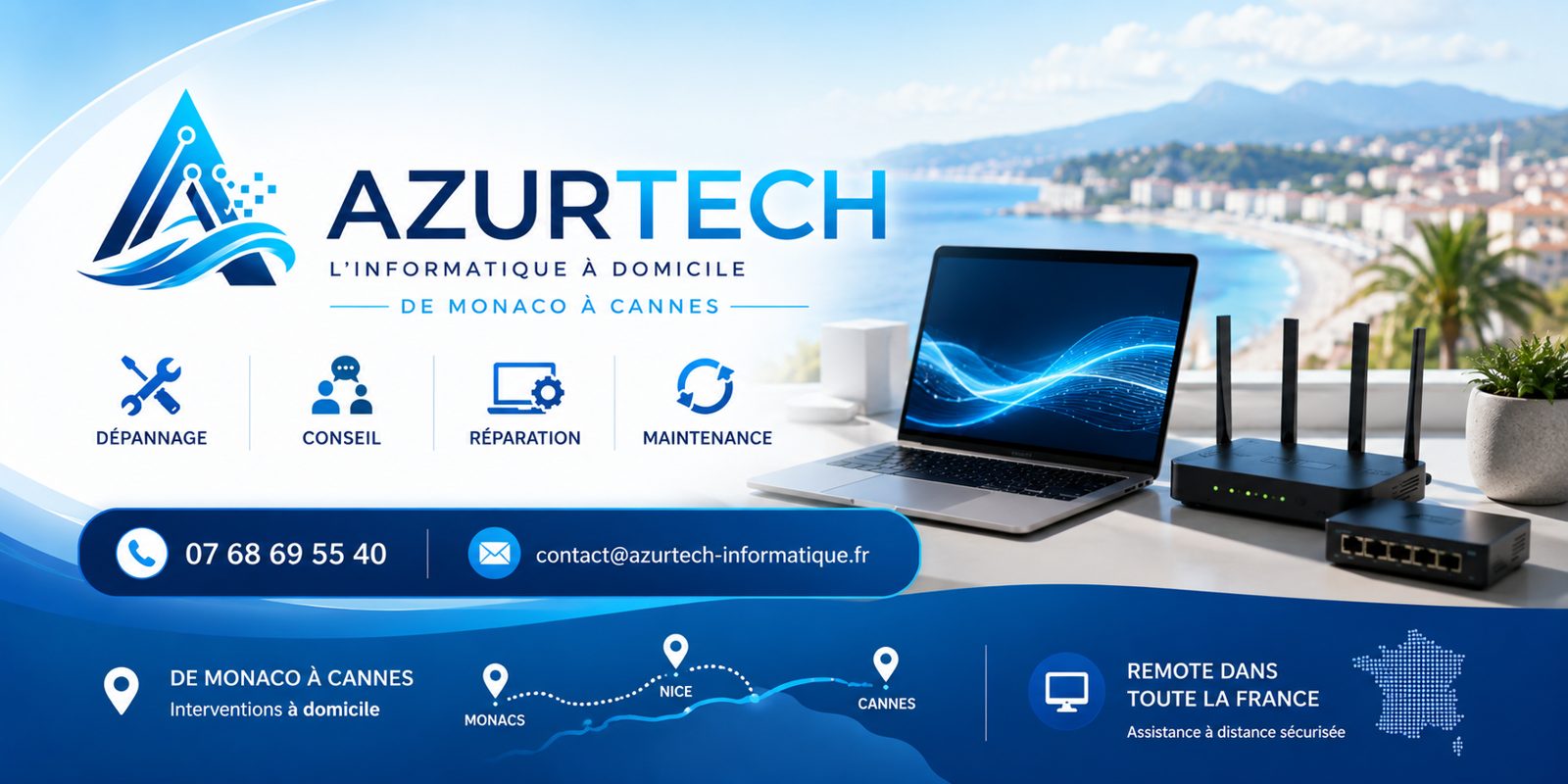 AZURTECH — Dépannage, conseil, réparation, maintenance informatique à domicile de Monaco à Cannes. 07 68 69 55 40 · contact@azurtech-informatique.fr